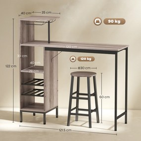 HOMCOM Set masă bar 3 piese cu depozitare, rafturi pentru vin, suporturi pentru pahare, scaune bar cu suport pentru picioare, pentru spații mici, Gri | Aosom Romania