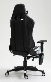 Scaun gaming, Masaj in 7 puncte, Boxe Bluetooth, funcție șezlong, 90-180 grade, suport picioare, sezut benzi elastice sustinere suplimentara, PU, Negru/Alb