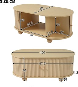 Măsuță de cafea ovală cu spațiu de depozitare și uși glisante, 100x50x40 cm, Culoare naturală