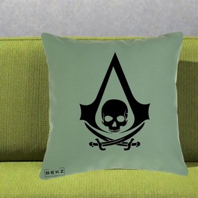 Perna Personalizata Assassin's Creed Black Flag Skull, 40x40 cm, Verde, Husa Detasabila, Perna Inclusa, BEKZ®