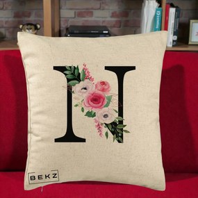 Cadou Personalizat - Perna Personalizata Monograma Florala Litera N, 40x40 cm, Bej, Husa Detasabila, Perna Inclusa, BEKZ®