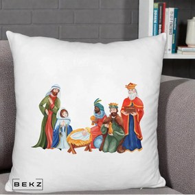 Perna Decorativa Nasterea Domnului Cei Trei Magi Acuarela, 40x40 cm, Alb Pufos, Husa Detasabila, Perna Inclusa, BEKZ®