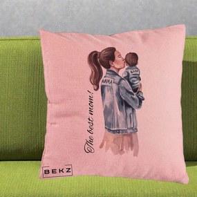 Cadou pentru Mama - Perna Personalizata The Best Mom Jachete, 40x40 cm, Roz, Husa Detasabila, Perna Inclusa, BEKZ®