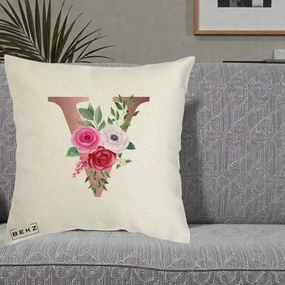 Cadou Personalizat - Perna Personalizata Monograma Rose Gold Litera V, 40x40 cm, Ecru, Husa Detasabila, Perna Inclusa, BEKZ®