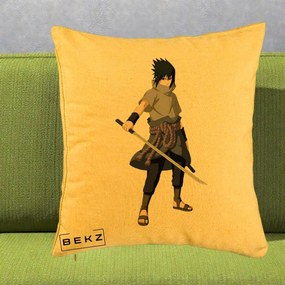 Perna Personalizata Naruto Sasuke Uchiha cu Sabia, 40x40 cm, Galben, Husa Detasabila, Perna Inclusa, BEKZ®