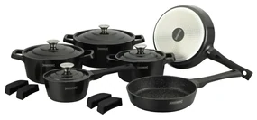 Set oale si tigai cu capace, marmorate 14 piese Royaly Line RL OS1014 Negru, antiaderente, inductie, capac metalic, curatare usoara