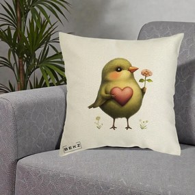 Perna Decorativa Pasare Verde cu Inima si Floare, 40x40 cm, Ecru, Husa Detasabila, Perna Inclusa, BEKZ®