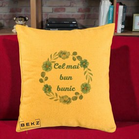 Cadou pentru Bunic - Perna Personalizata Cel Mai Bun Bunic Coronita Flori Albastre Teal, 40x40 cm, Galben, Husa Detasabila, Perna Inclusa, BEKZ®