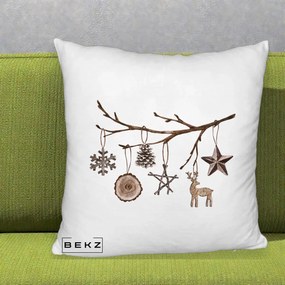 Perna Decorativa Ornamente de Lemn pe Ramura, 40x40 cm, Alb Pufos, Husa Detasabila, Perna Inclusa, BEKZ®