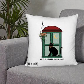 Perna Personalizata Life is Better with a Cat Geam, 40x40 cm, Alb Pufos, Husa Detasabila, Perna Inclusa, BEKZ®