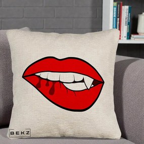 Perna Decorativa Vampire Lips Halloween, 40x40 cm, Bej Canapea, Husa Detasabila, Perna Inclusa, BEKZ®