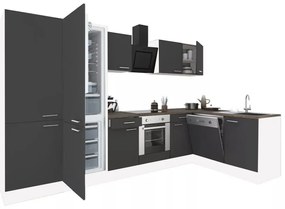 Dulap de bucătărie de colț Yorki 340, corp alb, față antracit satinat, element cuptor inferior, dulap cu raft, frigider congelator inferior