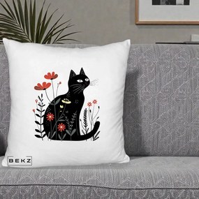 Perna Decorativa Pisica Neagra Flori Rosii Folk, 40x40 cm, Alb Pufos, Husa Detasabila, Perna Inclusa, BEKZ®