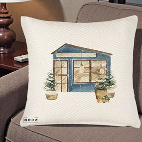 Perna Decorativa Casa de Iarna Watercolor, 40x40 cm, Crem Reliefat, Husa Detasabila, Perna Inclusa, BEKZ®