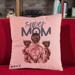 Cadou pentru Mama - Perna Personalizata Super Mom of Girls Mama cu Gemene, 40x40 cm, Roz, Husa Detasabila, Perna Inclusa, BEKZ®