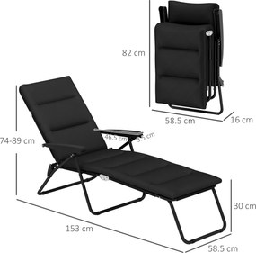 Outsunny Șezlong pliabil transat înclinat 6 poziții cu saltea + cotiere oțel poliester 153 x 58,5 x 89 cm negru | Aosom Romania