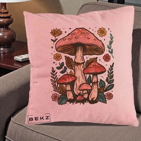 Perna Decorativa Ciuperci Vintage Floral, 40x40 cm, Roz, Husa Detasabila, Perna Inclusa, BEKZ®