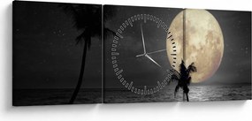 Tablou - Plaja cu lună plină, nuanțe gri (cu ceas) (90x30 cm)
