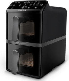 Friteuza verticala dubla cu aer cald Philips Dual Stack 4000 NA460/00, 2750 W, 10 l, 13 programe, 40-220°C, Sincronizare, Acoperire ceramică fara PFAS, Fereastra, Negru