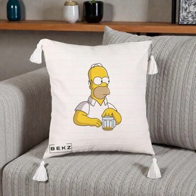 Perna Personalizata Homer Simpson cu Bere, 40x40 cm, Bej cu Franjuri, Husa Detasabila, Perna Inclusa, BEKZ®
