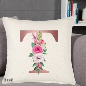 Cadou Personalizat - Perna Personalizata Monograma Rose Gold Litera T, 40x40 cm, Crem Reliefat, Husa Detasabila, Perna Inclusa, BEKZ®
