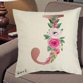 Cadou Personalizat - Perna Personalizata Monograma Rose Gold Litera J, 40x40 cm, Ecru, Husa Detasabila, Perna Inclusa, BEKZ®