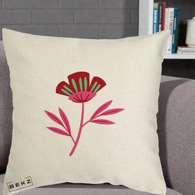 Perna Decorativa Floare Macul Roz-Rosu Grafic, 40x40 cm, Ecru, Husa Detasabila, Perna Inclusa, BEKZ®