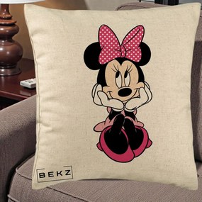 Perna Personalizata Minnie Mouse cu Fundita, 40x40 cm, Bej, Husa Detasabila, Perna Inclusa, BEKZ®