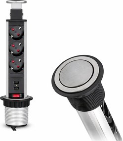 Priză încorporabilă în blat Lift Box Design Light, 3 prize Schuko, 2 porturi USB, inox, D:71 mm D:71 mm; H:328 mm, Inox, Metal/Plastic