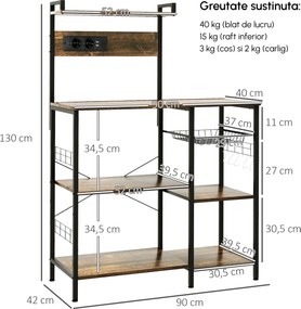 HOMCOM Raft de Bucatarie cu Prize Mutiple, Dulap Bucatarie pentru Microunde cu Rafturi si Cos din Sarma Stil Industrial, 90x42x130cm, Maro
