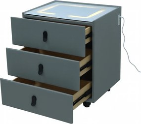 RESIGILAT- Noptieră inteligentă, încărcare Wireless și port USB+USB C, 3 sertare, 3 tipuri de iluminare LED touch, 3 tipuri de culoare, sticla securizata, Gri