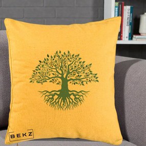 Perna Decorativa Copacul Vietii Teal cu Radacini, 40x40 cm, Galben, Husa Detasabila, Perna Inclusa, BEKZ®