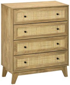 HOMCOM Cómoda cu 4 Sertare Comoda de Lemn cu Fronturi de Ratan Stil Cannage pentru Dormitor 80x35x95 cm Natural | Aosom Romania