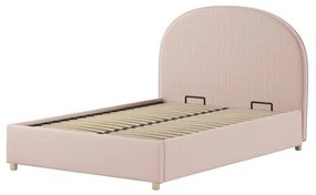 Set MOON: pat tapițat 90 x 200 cm roz cu țesătură bouclé și spațiu de depozitare + 2 tabureti roz multifuncționali – Vipack