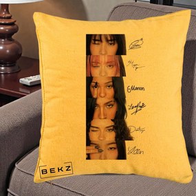 Perna Personalizata K-pop KATSEYE Semnaturi fara Foto, 40x40 cm, Galben, Husa Detasabila, Perna Inclusa, BEKZ®