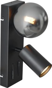 Lampă de perete modernă neagră cu 2 lumini, înclinabilă, cu port USB-C - Lesly