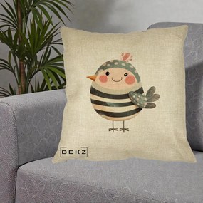Perna Decorativa Pui Kawaii Teal cu Flori, 40x40 cm, Crem, Husa Detasabila, Perna Inclusa, BEKZ®