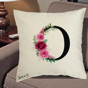 Cadou Personalizat - Perna Personalizata Monograma Florala Litera O, 40x40 cm, Ecru, Husa Detasabila, Perna Inclusa, BEKZ®