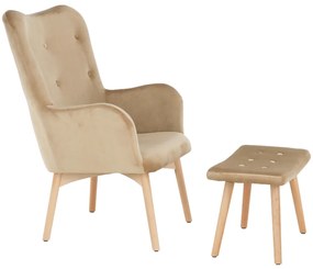 Fotoliu cu taburet, material de catifea bej/fag, LAGER NEW