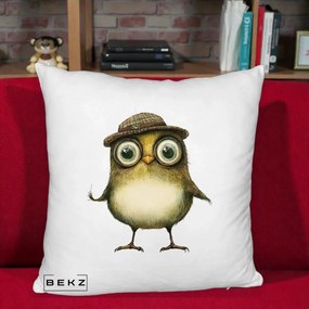 Perna Decorativa Pui Intelectual cu Palarie Tweed, 40x40 cm, Alb Pufos, Husa Detasabila, Perna Inclusa, BEKZ®