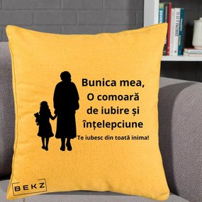 Cadou pentru Bunica - Perna Personalizata Bunica Mea Comoara Iubire Intelepciune Silueta, 40x40 cm, Galben, Husa Detasabila, Perna Inclusa, BEKZ®