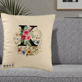 Cadou Personalizat - Perna Personalizata Monogram Litera K cu Flori Acuarela, 40x40 cm, Bej, Husa Detasabila, Perna Inclusa, BEKZ®