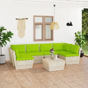 Set mobilier gradina din paleti, 7 piese, cu perne, lemn molid verde aprins, 2x colt + 4x mijloc + masa, 1