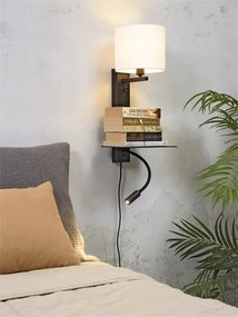 Aplica cu raft, reader LED, mufa USB si abajur textil alb Florence