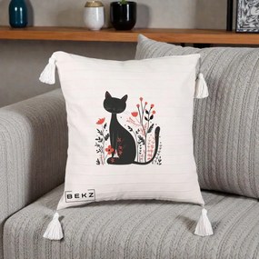 Perna Decorativa Pisica Neagra Flori Rosii Folk Minimal, 40x40 cm, Bej cu Franjuri, Husa Detasabila, Perna Inclusa, BEKZ®