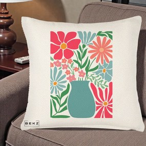 Perna Decorativa Flori in Vaza Turcoaz, 40x40 cm, Crem Reliefat, Husa Detasabila, Perna Inclusa, BEKZ®