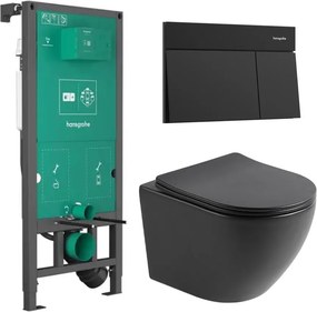 Set rezervor WC cu cadru incastrat Hansgrohe iFrame 112 cm si clapeta de actionare Element E negru mat plus vas WC Rune Ivaldi cu capac softclose