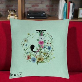 Cadou Personalizat - Perna Personalizata Monogram Litera J cu Flori Acuarela, 40x40 cm, Verde Menta, Husa Detasabila, Perna Inclusa, BEKZ®
