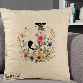 Cadou Personalizat - Perna Personalizata Monogram Litera J cu Flori Acuarela, 40x40 cm, Bej, Husa Detasabila, Perna Inclusa, BEKZ®