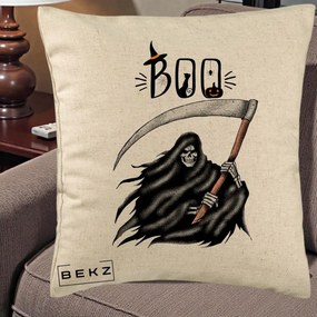 Perna Decorativa Halloween Boo Grim Reaper cu Coasa, 40x40 cm, Bej, Husa Detasabila, Perna Inclusa, BEKZ®